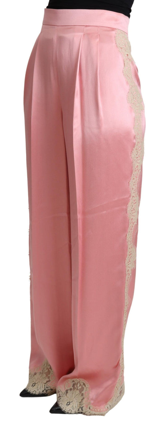 Pantaloni a gamba larga in raso di seta con pizzo rosa Dolce &amp; Gabbana