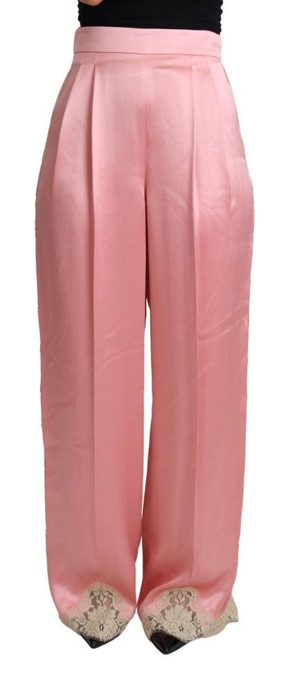 Pantaloni a gamba larga in raso di seta con pizzo rosa Dolce &amp; Gabbana