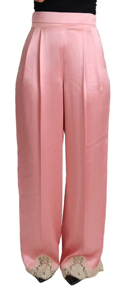 Pantaloni a gamba larga in raso di seta con pizzo rosa Dolce &amp; Gabbana