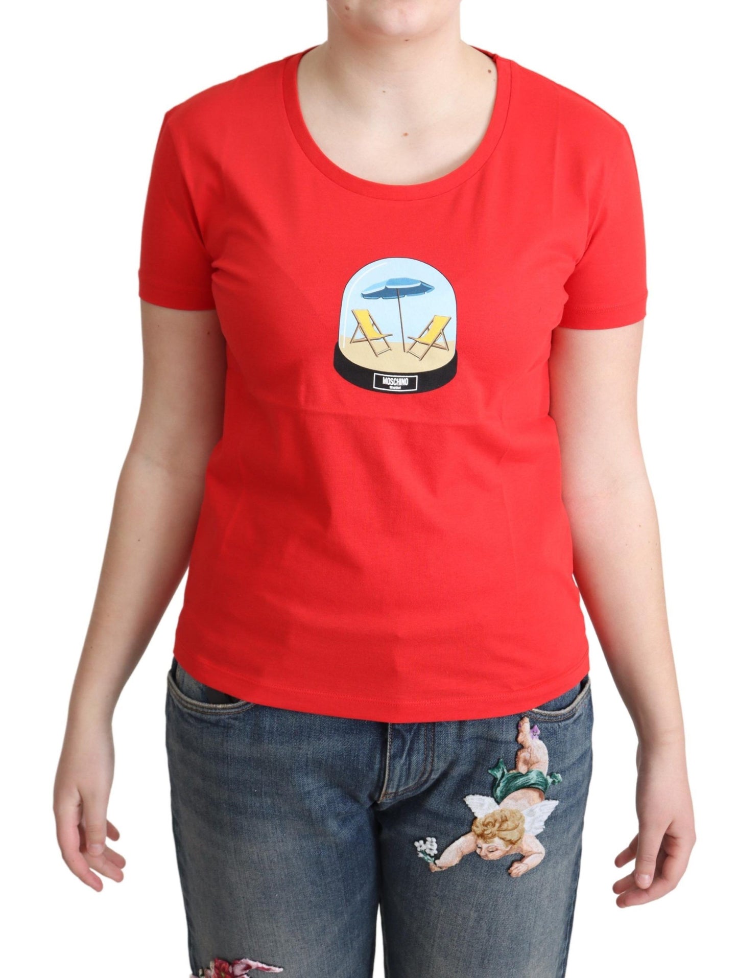 Maglietta a maniche corte in cotone stampato rosso Moschino