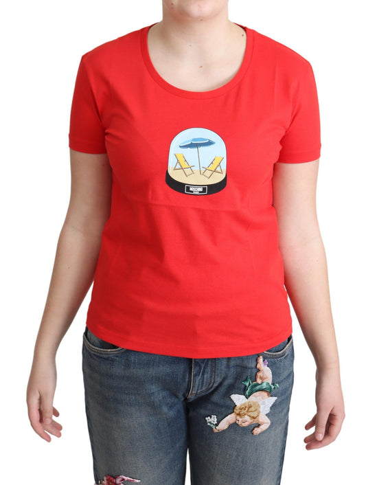 Maglietta a maniche corte in cotone stampato rosso Moschino