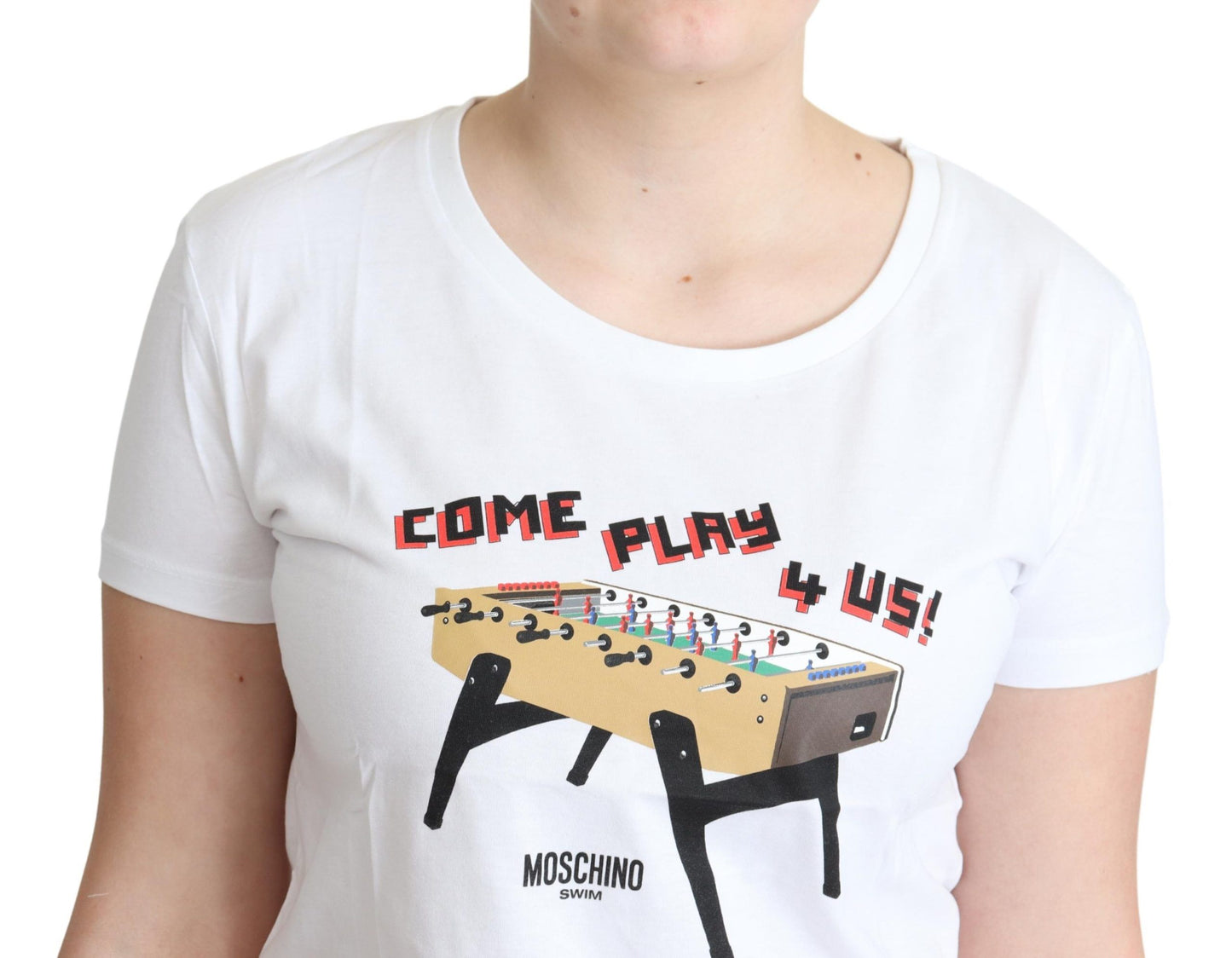 T-shirt bianca in cotone con stampa Moschino "Come Play 4 Us"