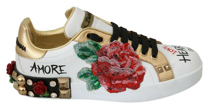 Dolce &amp; Gabbana White Roses Sequined Crystal Sneakers da donna