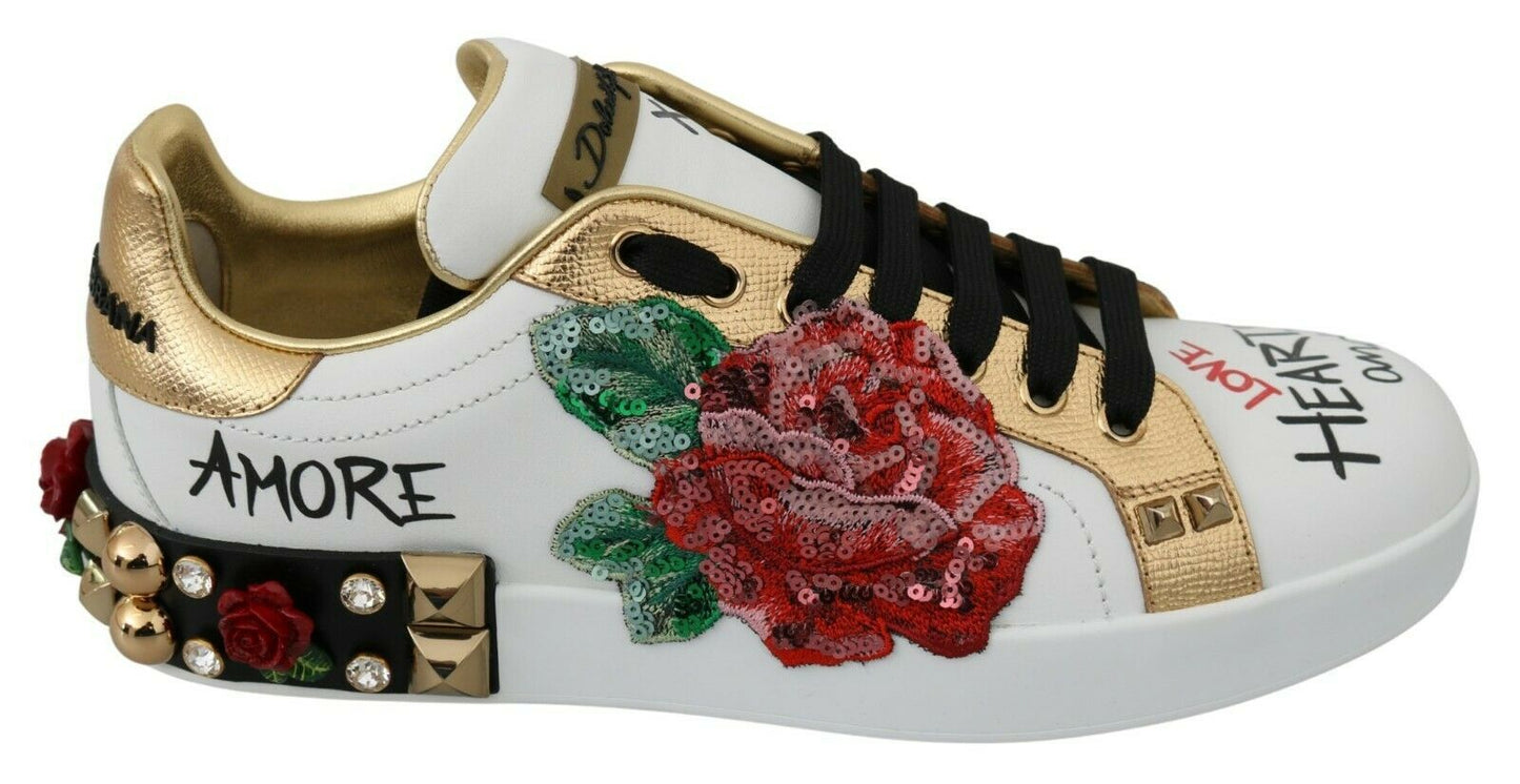 Dolce &amp; Gabbana White Roses Sequined Crystal Sneakers da donna