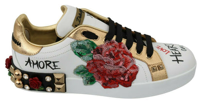 Dolce &amp; Gabbana White Roses Sequined Crystal Sneakers da donna