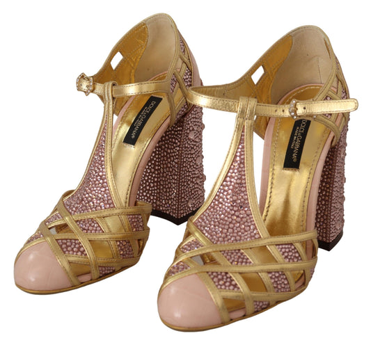 Scarpe con cinturino a T Dolce &amp; Gabbana in pelle color oro rosa e cristalli