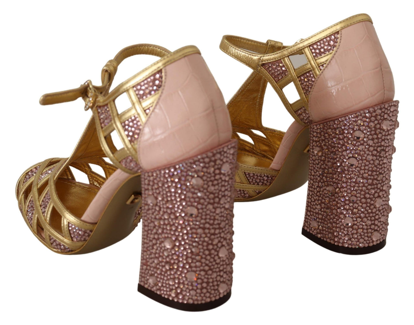 Scarpe con cinturino a T Dolce &amp; Gabbana in pelle color oro rosa e cristalli