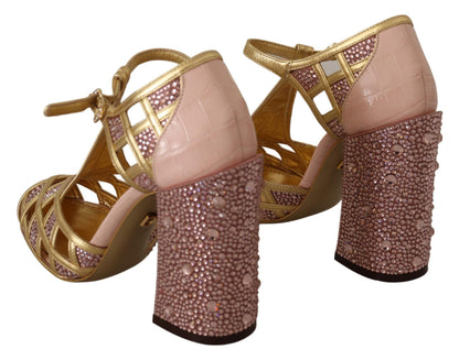 Scarpe con cinturino a T Dolce &amp; Gabbana in pelle color oro rosa e cristalli