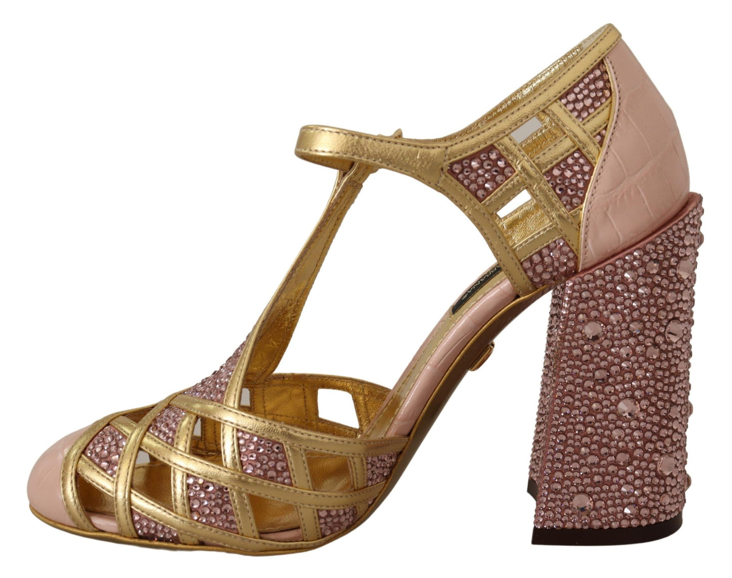 Scarpe con cinturino a T Dolce &amp; Gabbana in pelle color oro rosa e cristalli