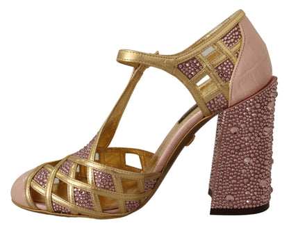 Scarpe con cinturino a T Dolce &amp; Gabbana in pelle color oro rosa e cristalli