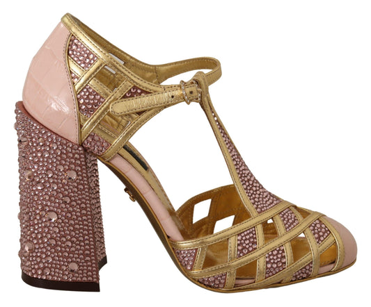 Scarpe con cinturino a T Dolce &amp; Gabbana in pelle color oro rosa e cristalli