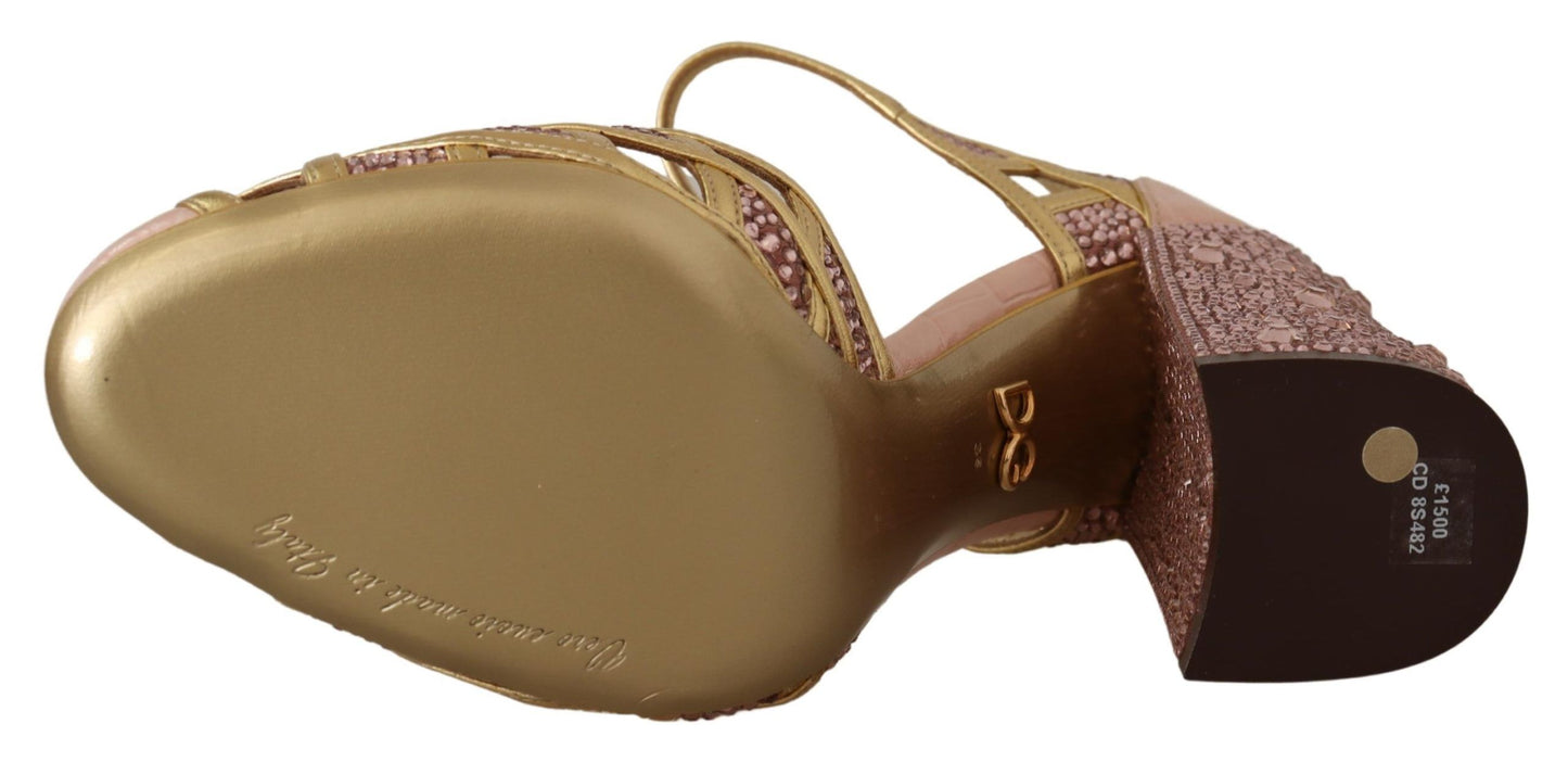 Scarpe con cinturino a T Dolce &amp; Gabbana in pelle color oro rosa e cristalli