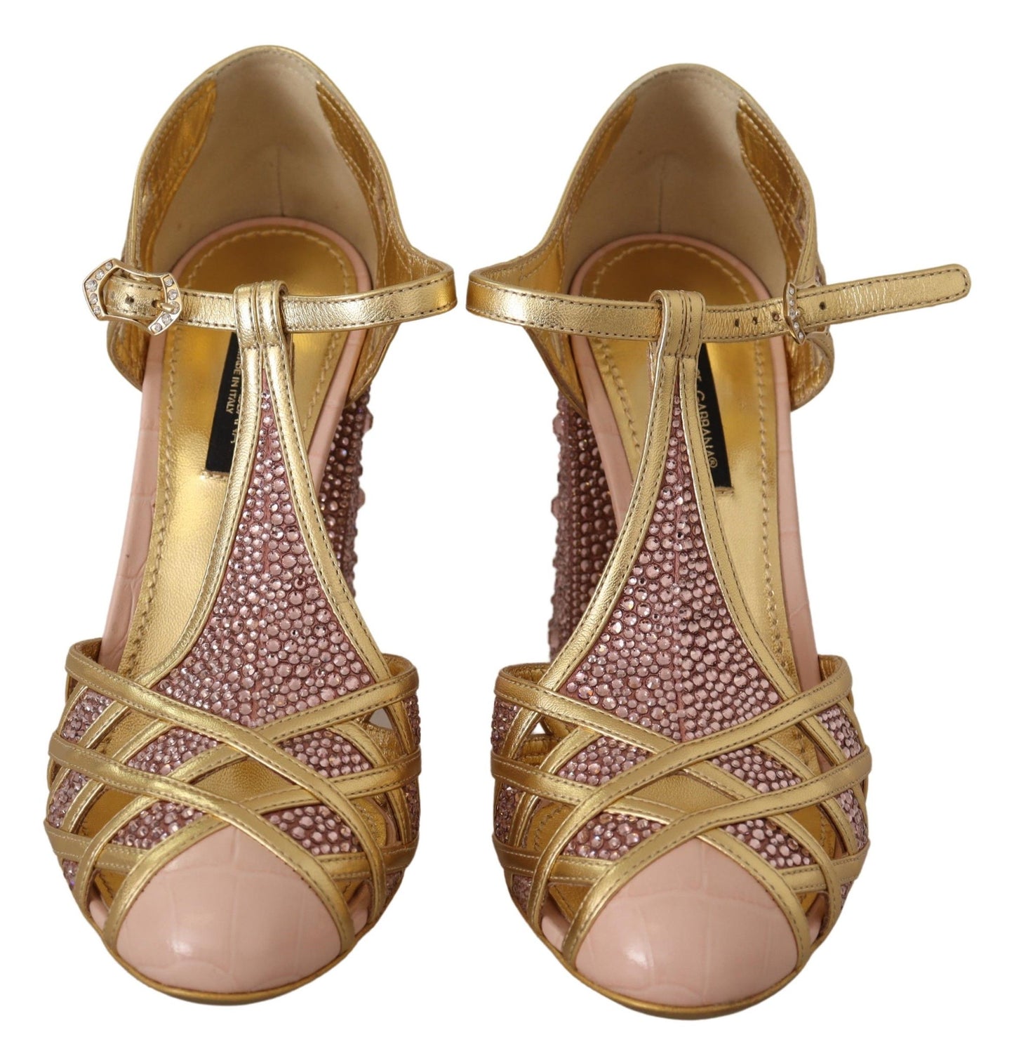 Scarpe con cinturino a T Dolce &amp; Gabbana in pelle color oro rosa e cristalli