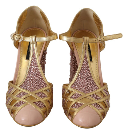 Scarpe con cinturino a T Dolce &amp; Gabbana in pelle color oro rosa e cristalli