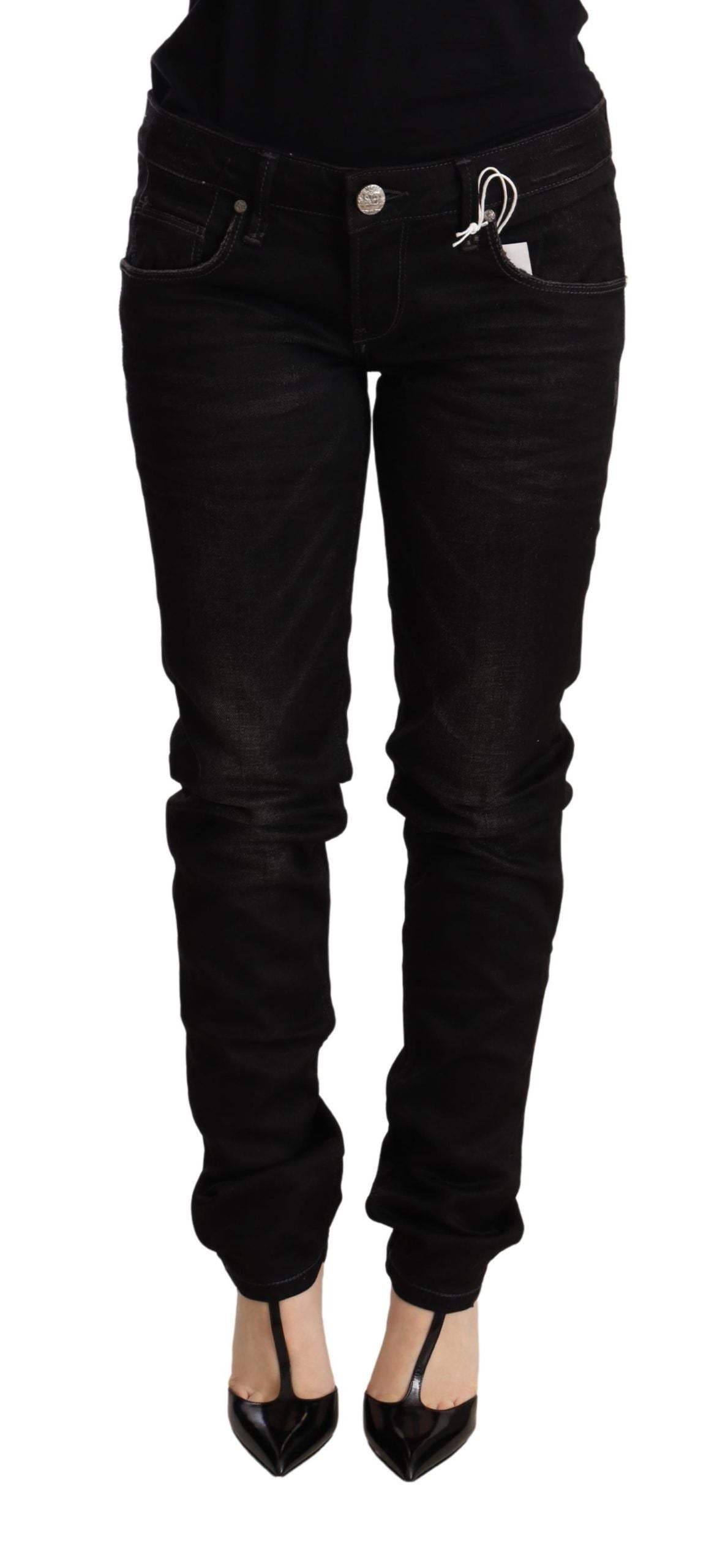 Pantaloni skinny in denim di cotone a vita bassa neri Acht