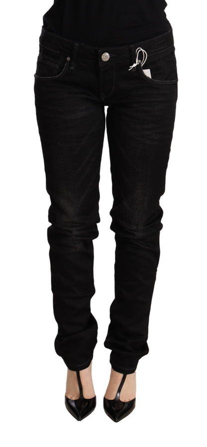 Pantaloni skinny in denim di cotone a vita bassa neri Acht
