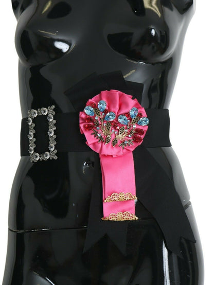 Dolce &amp; Gabbana Spilla con fiore rosa nero e cristalli Cintura in cotone