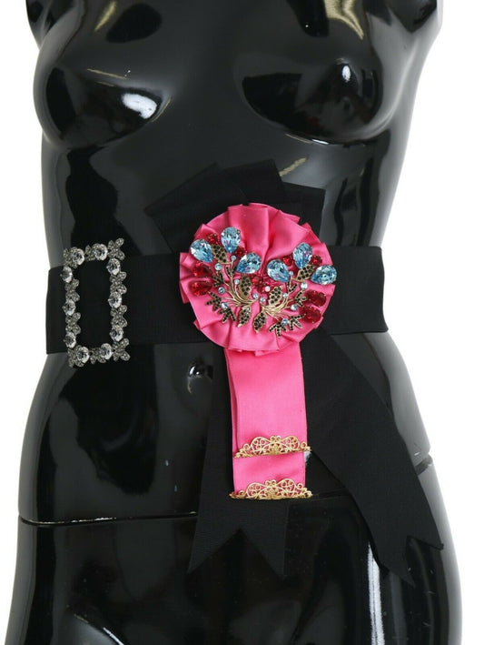 Dolce &amp; Gabbana Spilla con fiore rosa nero e cristalli Cintura in cotone