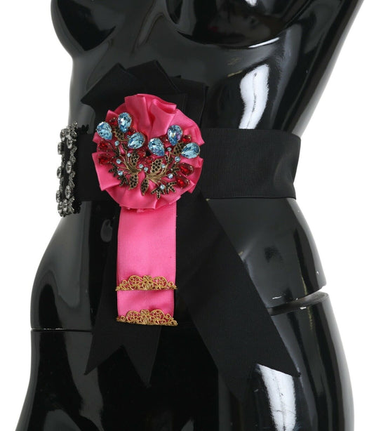Dolce &amp; Gabbana Spilla con fiore rosa nero e cristalli Cintura in cotone
