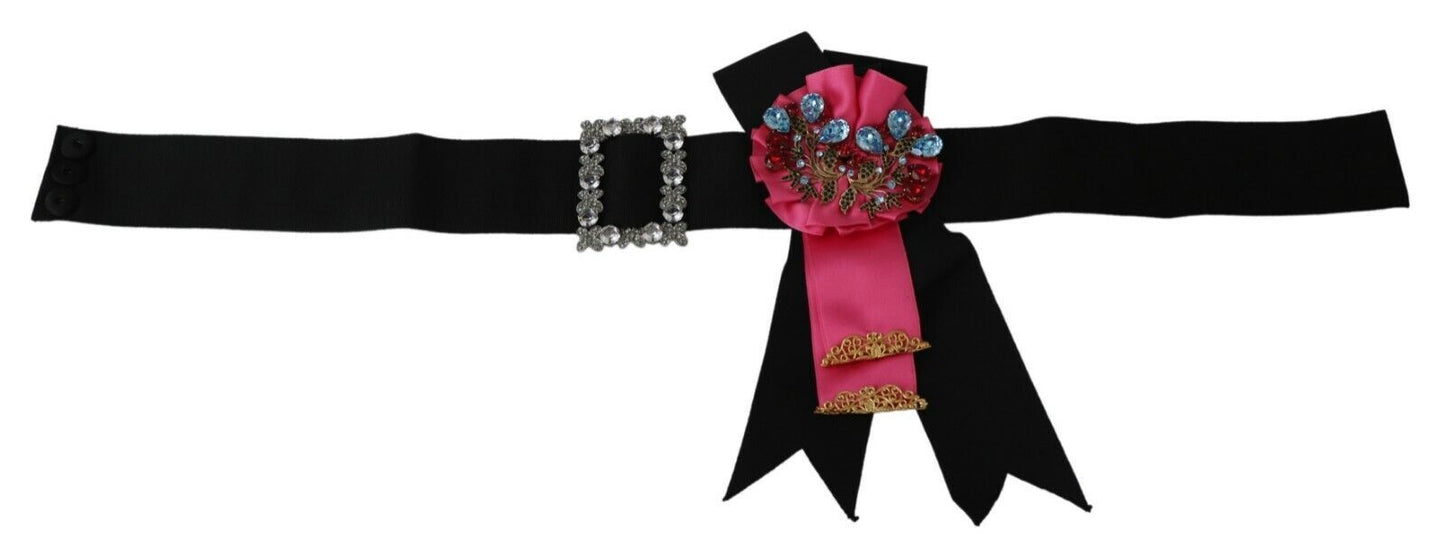 Dolce &amp; Gabbana Spilla con fiore rosa nero e cristalli Cintura in cotone