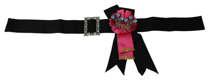 Dolce &amp; Gabbana Spilla con fiore rosa nero e cristalli Cintura in cotone