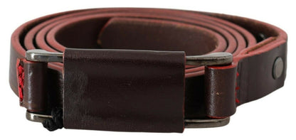 Cintura Costume National in pelle marrone con doppia fibbia argentata rustica