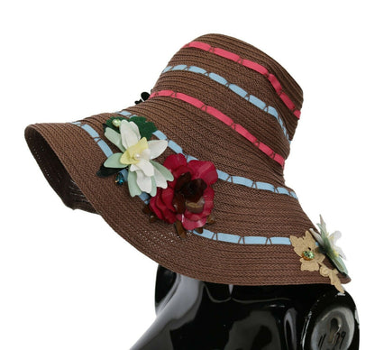Cappello floreale in paglia lavorata a maglia marrone Dolce &amp; Gabbana