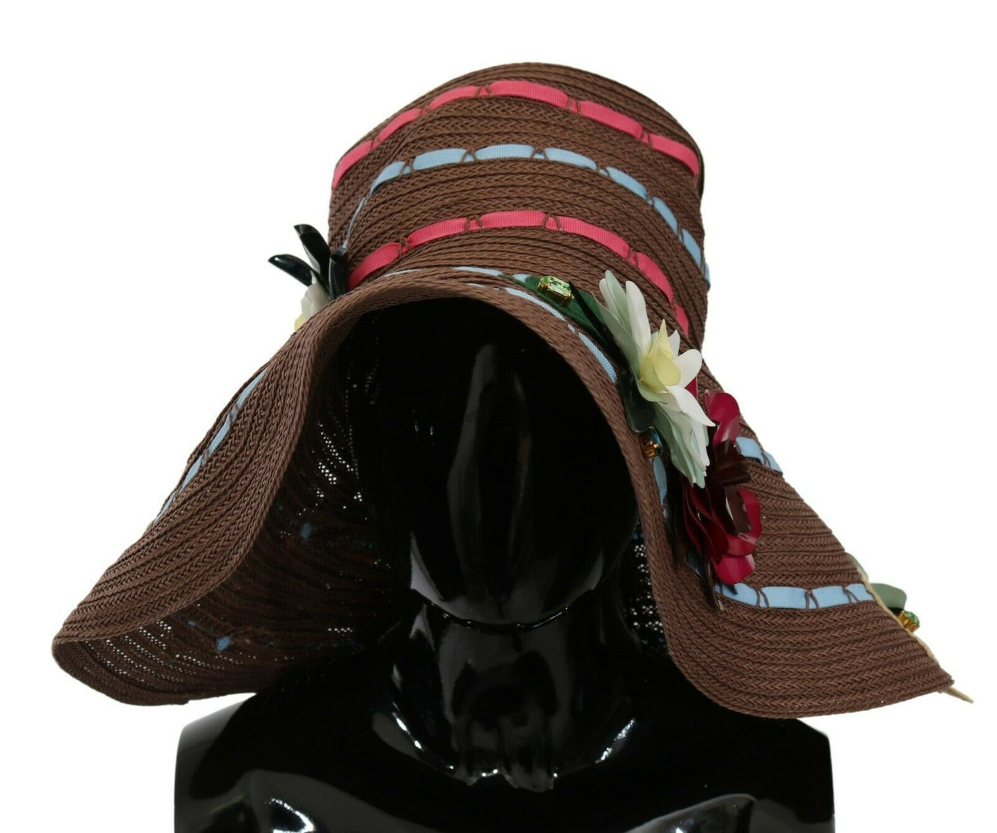 Cappello floreale in paglia lavorata a maglia marrone Dolce &amp; Gabbana