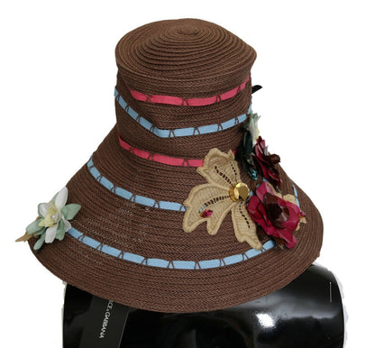 Cappello floreale in paglia lavorata a maglia marrone Dolce &amp; Gabbana