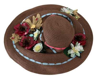 Cappello floreale in paglia lavorata a maglia marrone Dolce &amp; Gabbana