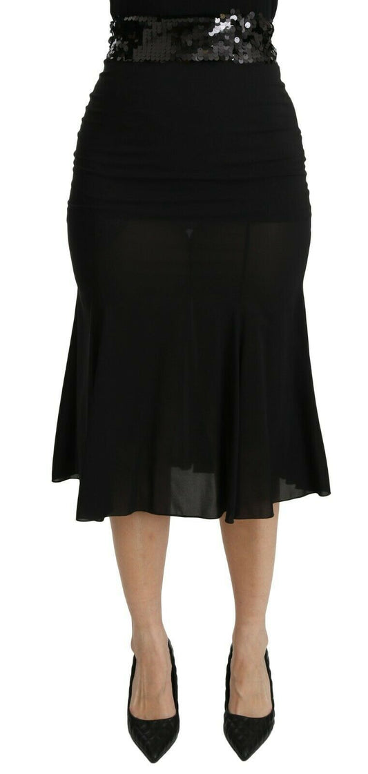 Gonna midi in seta a vita alta con motivo sirena nera Dolce &amp; Gabbana