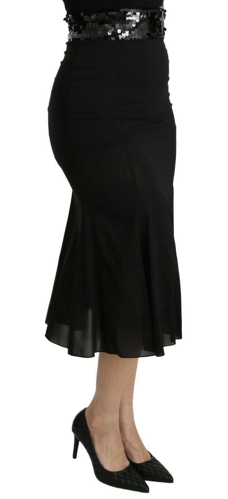Gonna midi in seta a vita alta con motivo sirena nera Dolce &amp; Gabbana