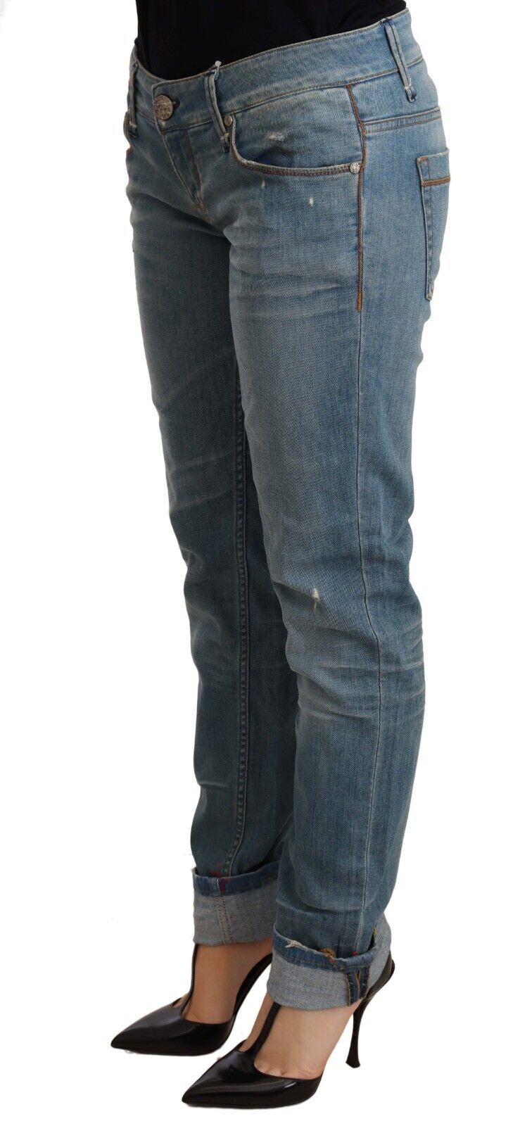 Pantaloni da donna con orlo ripiegato in cotone lavato blu Acht