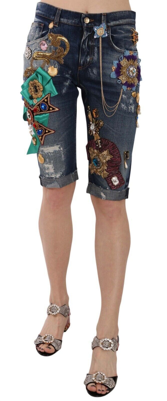 Dolce &amp; Gabbana Pantaloncini Capri in denim blu a vita media con cristalli