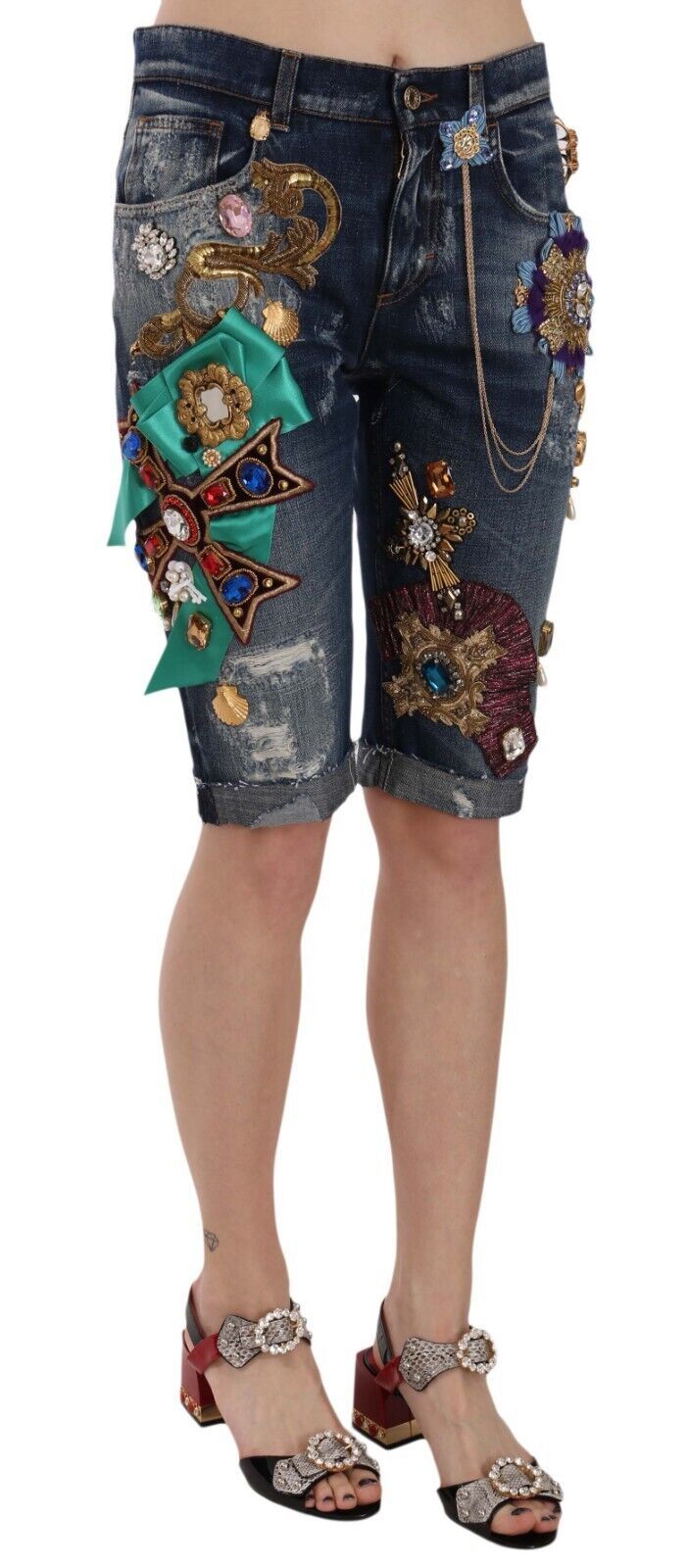 Dolce &amp; Gabbana Pantaloncini Capri in denim blu a vita media con cristalli
