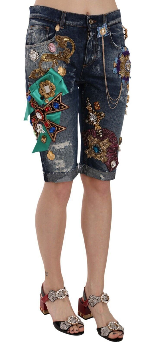 Dolce &amp; Gabbana Pantaloncini Capri in denim blu a vita media con cristalli