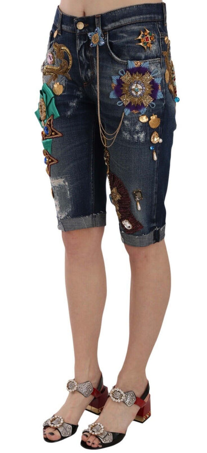 Dolce &amp; Gabbana Pantaloncini Capri in denim blu a vita media con cristalli