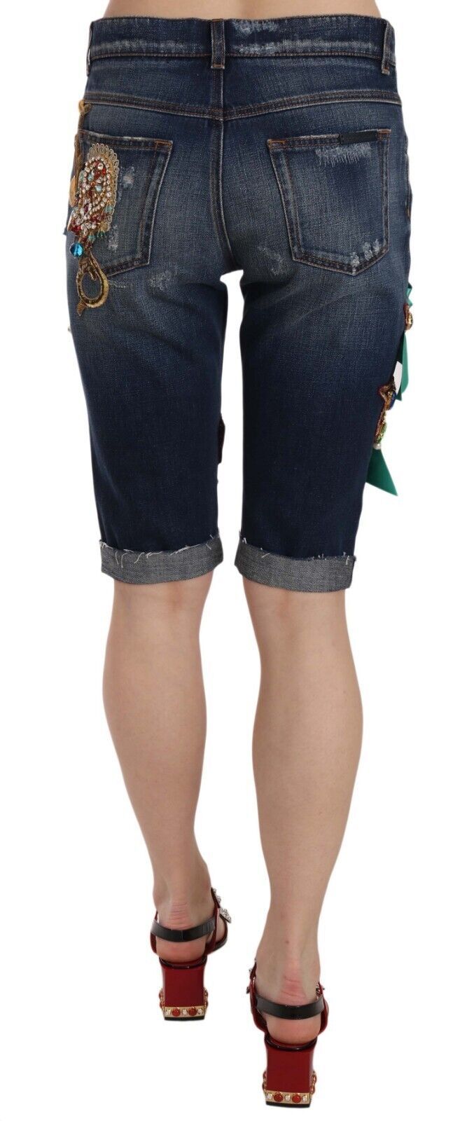 Dolce &amp; Gabbana Pantaloncini Capri in denim blu a vita media con cristalli