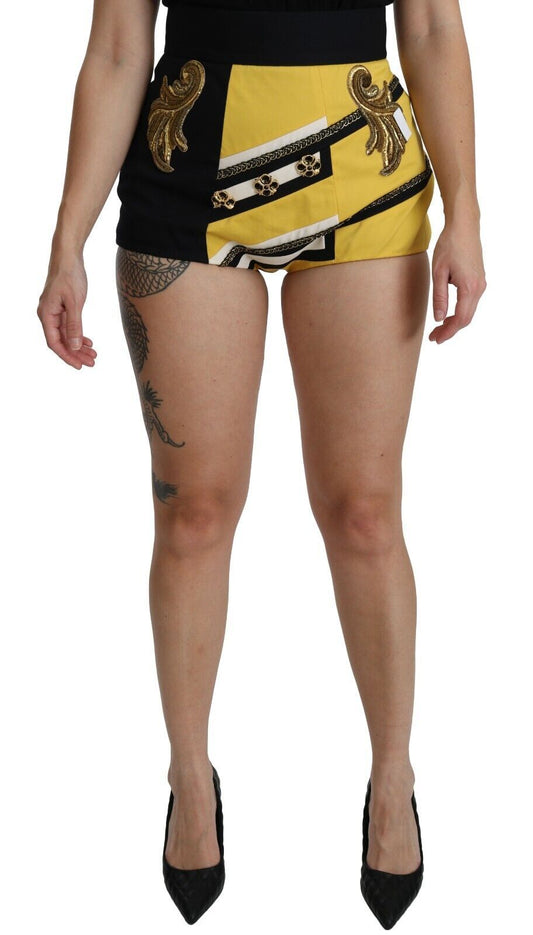 Shorts corti in cotone giallo e nero con gioielli Dolce &amp; Gabbana
