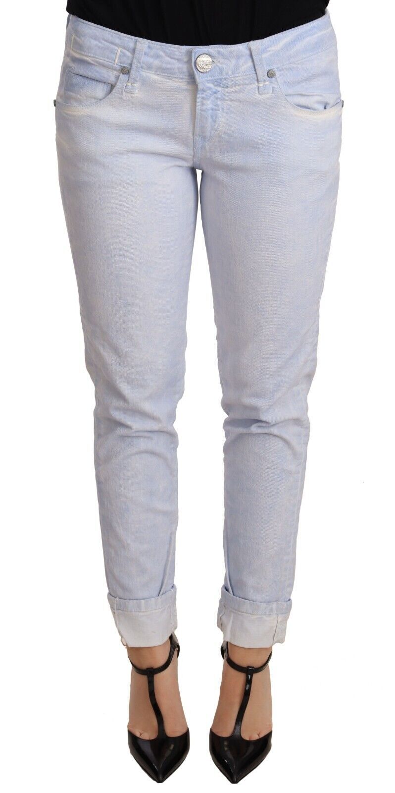 Jeans skinny da donna in denim con orlo ripiegato in cotone azzurro chiaro Acht