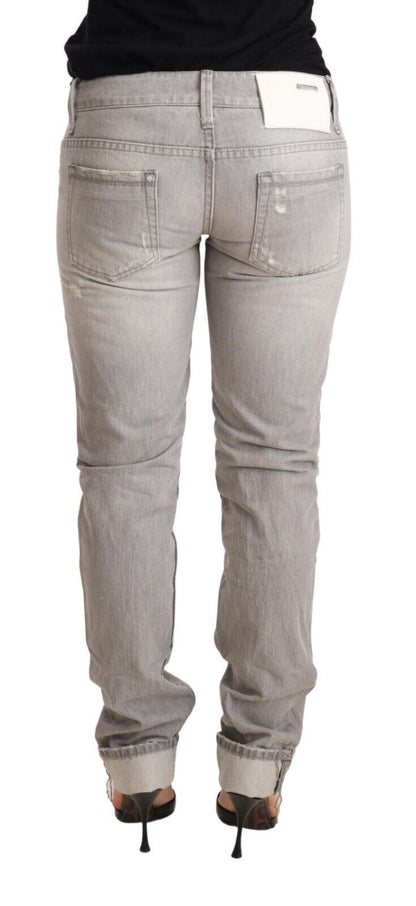 Jeans da donna in denim slim fit con orlo ripiegato in cotone grigio chiaro