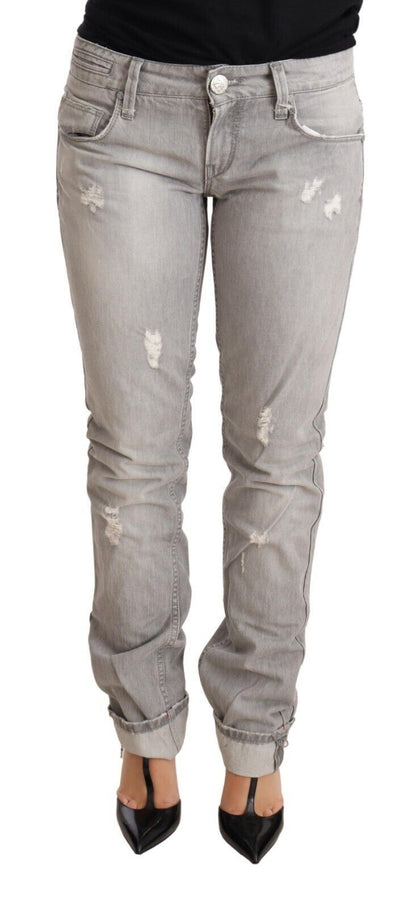 Jeans da donna in denim slim fit con orlo ripiegato in cotone grigio chiaro