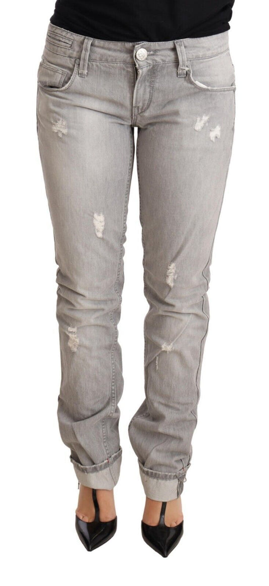Jeans da donna in denim slim fit con orlo ripiegato in cotone grigio chiaro