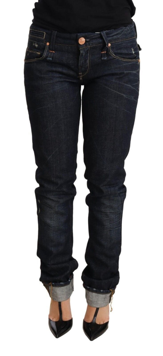 Jeans da donna in denim con orlo ripiegato e vestibilità slim fit in cotone blu scuro Acht