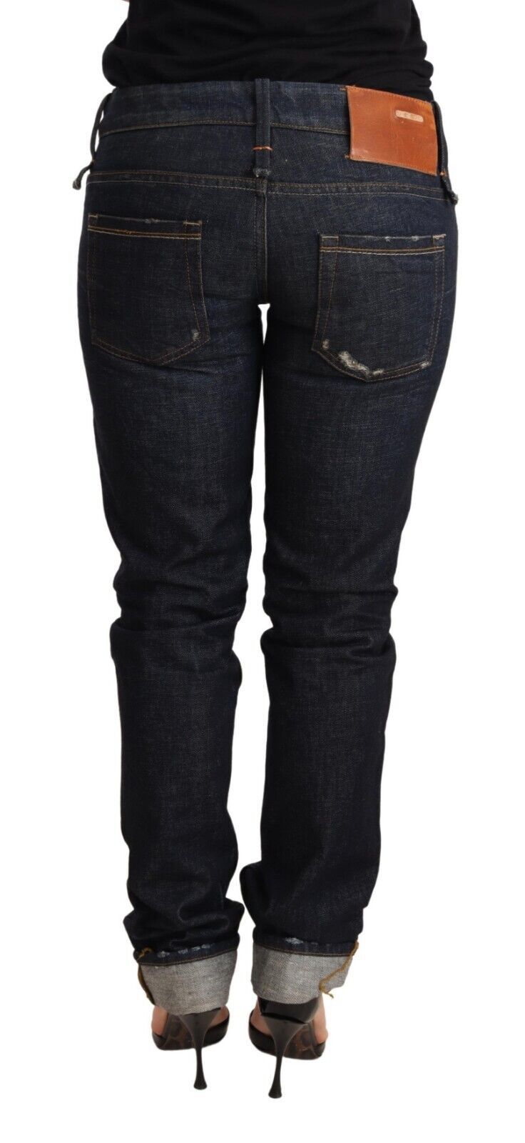 Jeans da donna in denim con orlo ripiegato e vestibilità slim fit in cotone blu scuro Acht