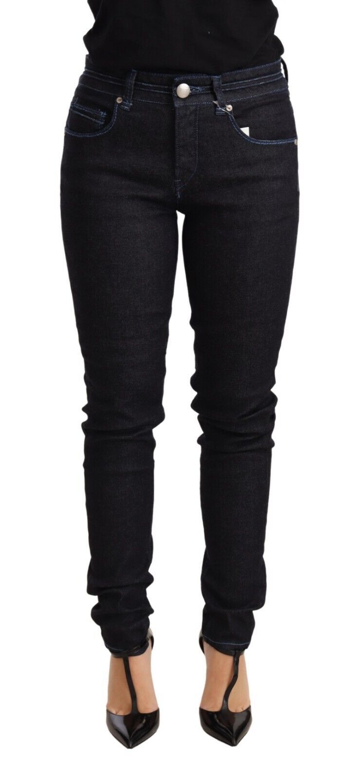 Jeans da donna in denim slim fit a vita bassa in cotone blu Acht