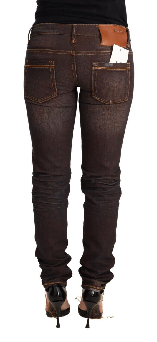 Jeans slim fit in denim di cotone lavato marrone chiaro a vita bassa