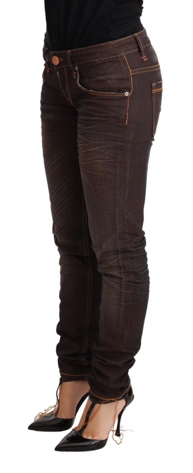 Jeans slim fit in denim di cotone lavato marrone chiaro a vita bassa