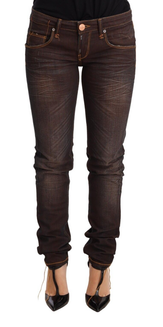 Jeans slim fit in denim di cotone lavato marrone chiaro a vita bassa