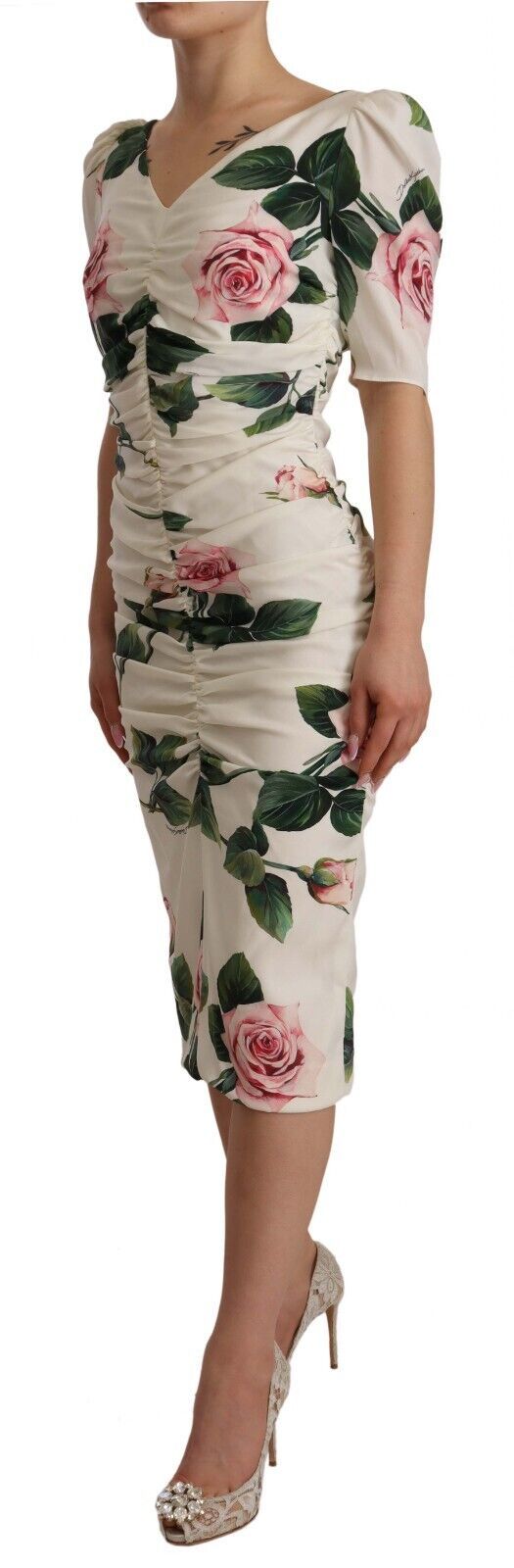 Abito plissettato in seta elasticizzata con stampa di rose bianche Dolce &amp; Gabbana